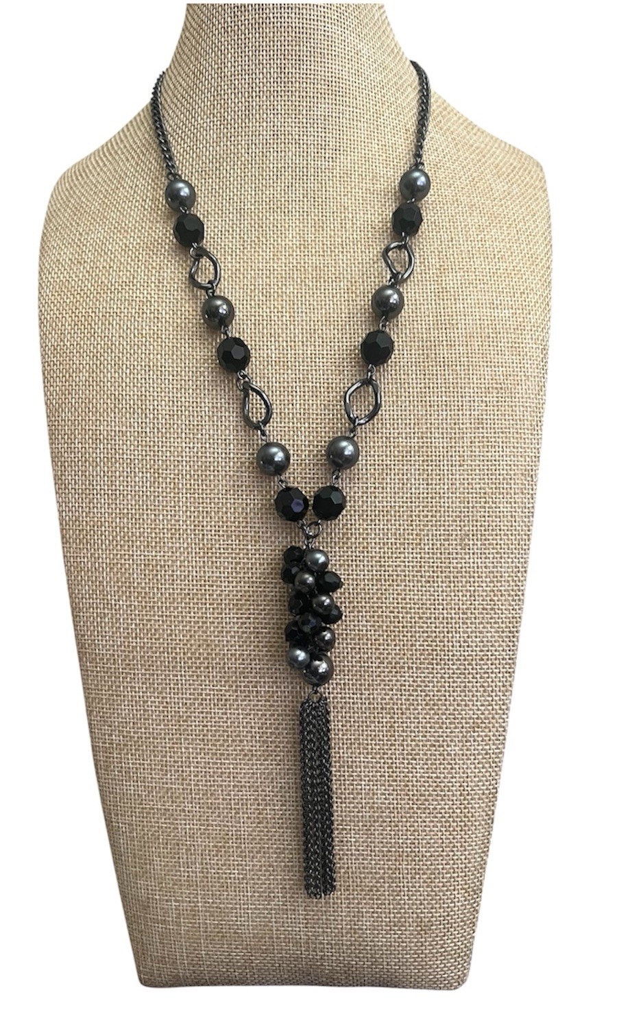 1928 Gun Metal Black And Grey Beaded Tassel Pendant Necklace- 32″