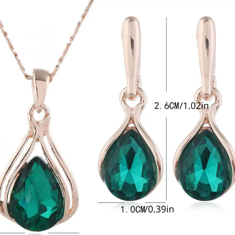 Elegant Water Drop Green and Gold Earring and Necklace Jewelry Set