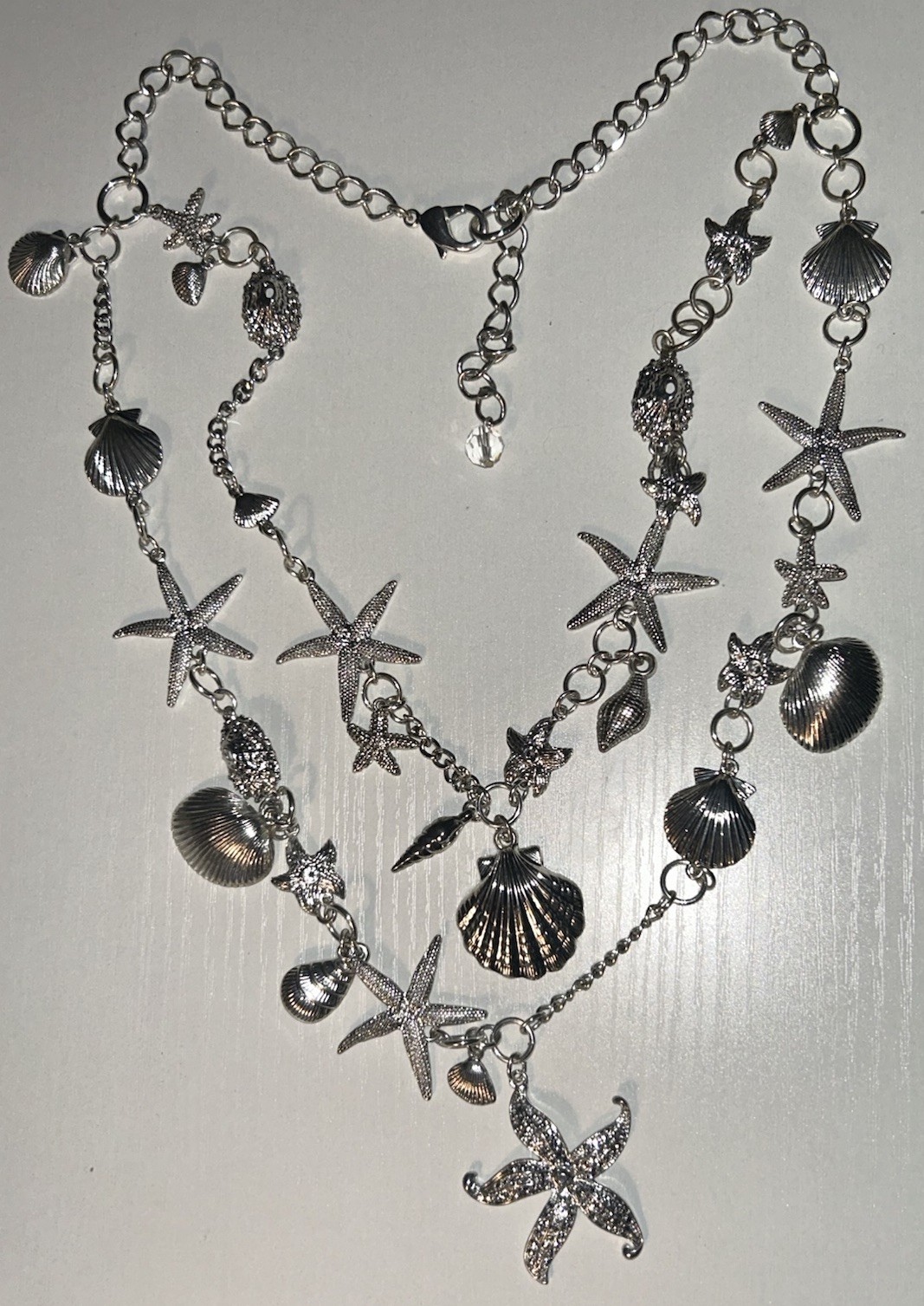 Nautical Charm Necklace Silver Tone Starfish Shell Sea Life 36” 138g Vacation