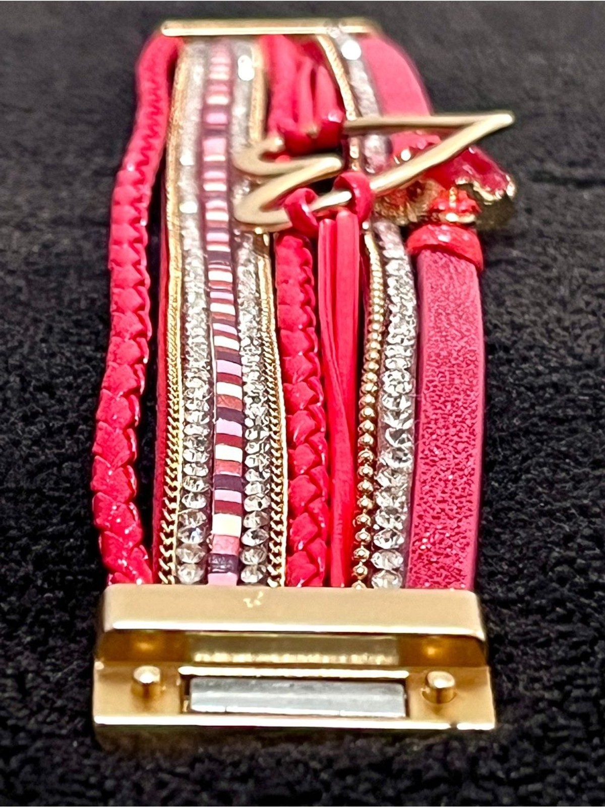 Boho Red Layered Leather Cuff Boutique Magnetic Bracelet Gold Heart Druzy Clasp
