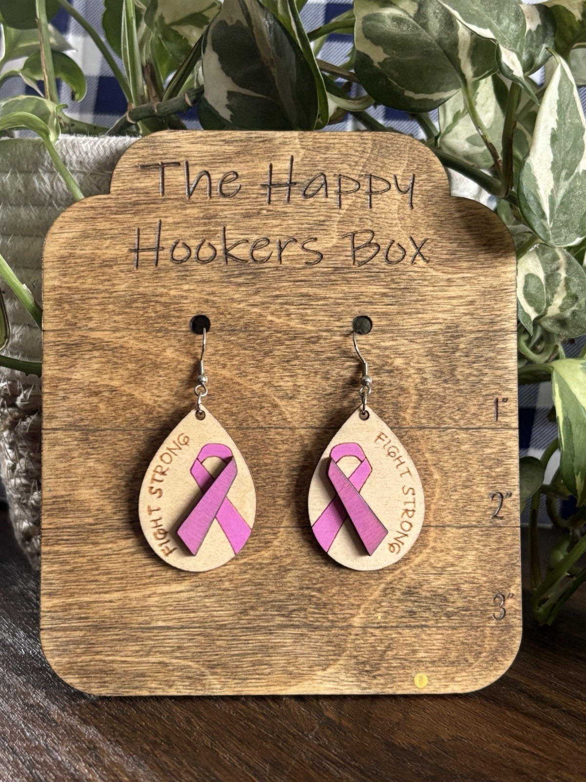 Breast Cancer Awareness Wooden Earrings, Pink Ribbon, Jewelry Gift