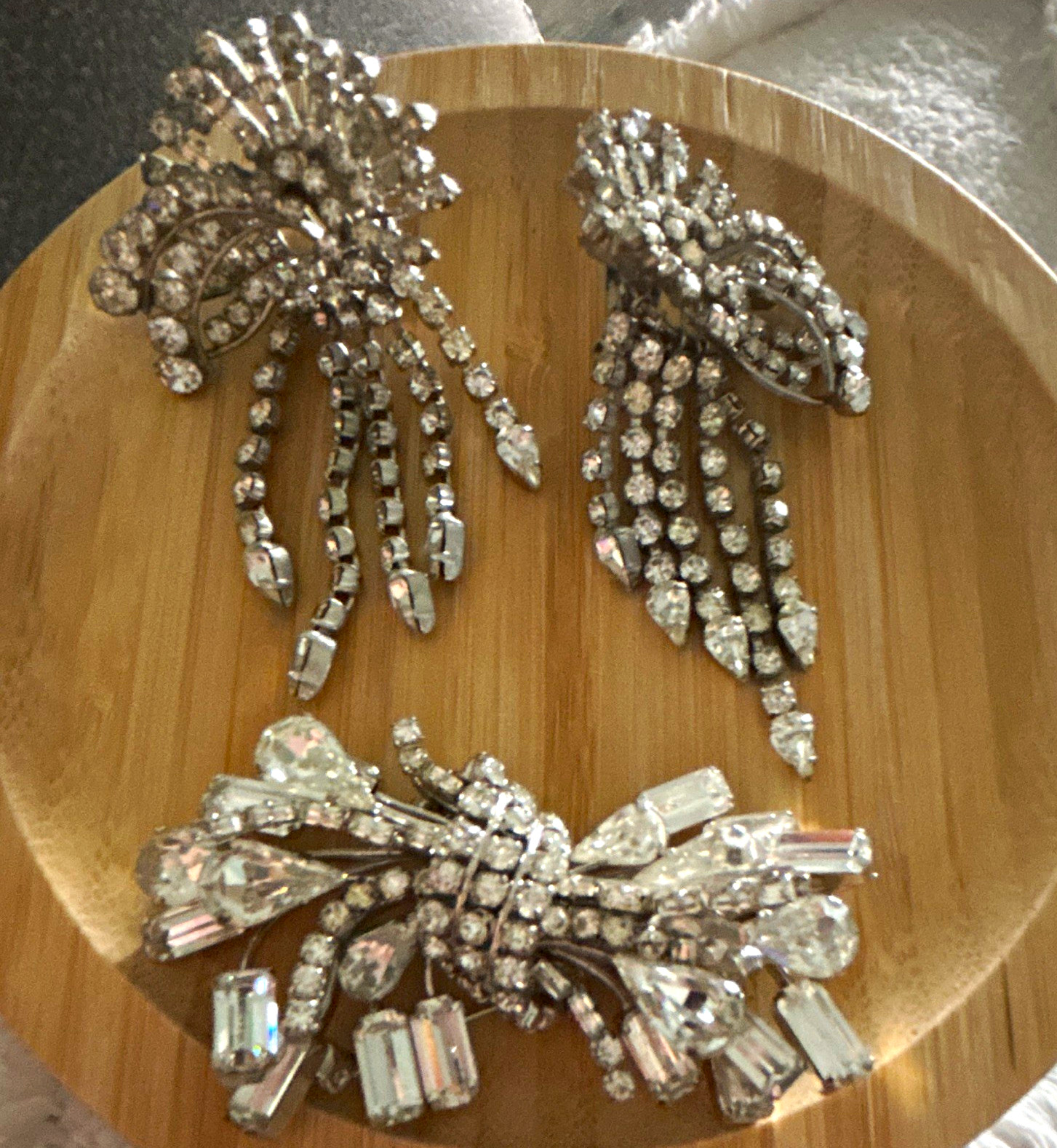Estate Vintage Silver Tone Clear Rhinestone Earrings & Crystal Brooch Pin Lot