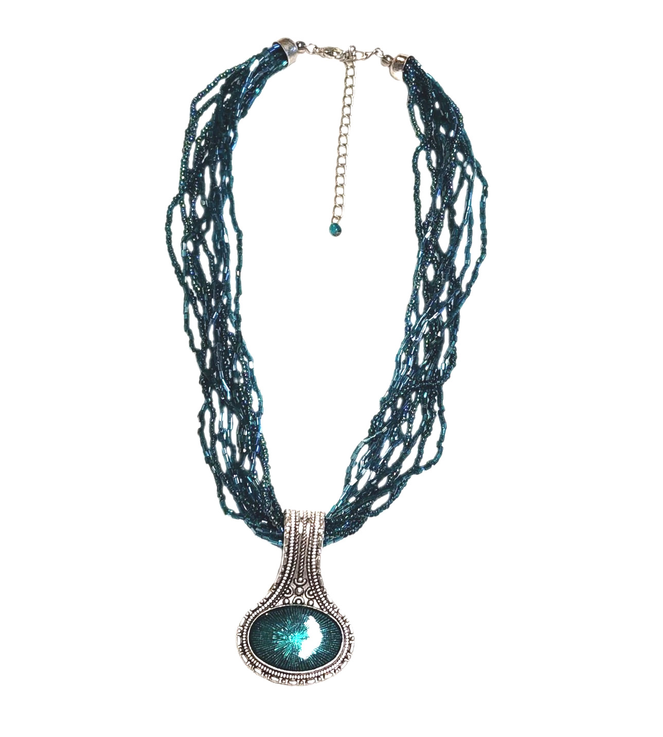 Vintage Teal Green Enamel & Glass Seed Bead Multi-Strand Pendant Necklace 20″