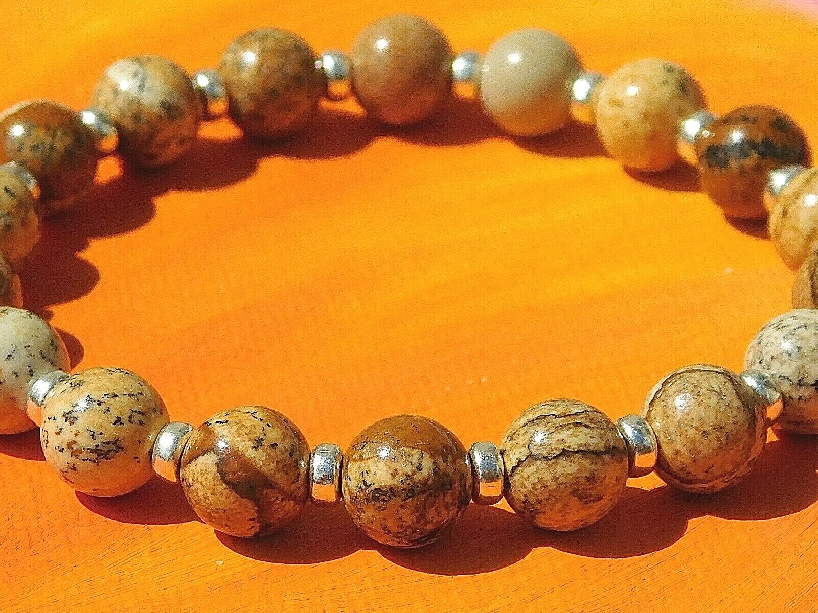 Mens / Ladies 8mm Handmade Gemstone & Silver Beaded Bracelet – Picture Jasper.