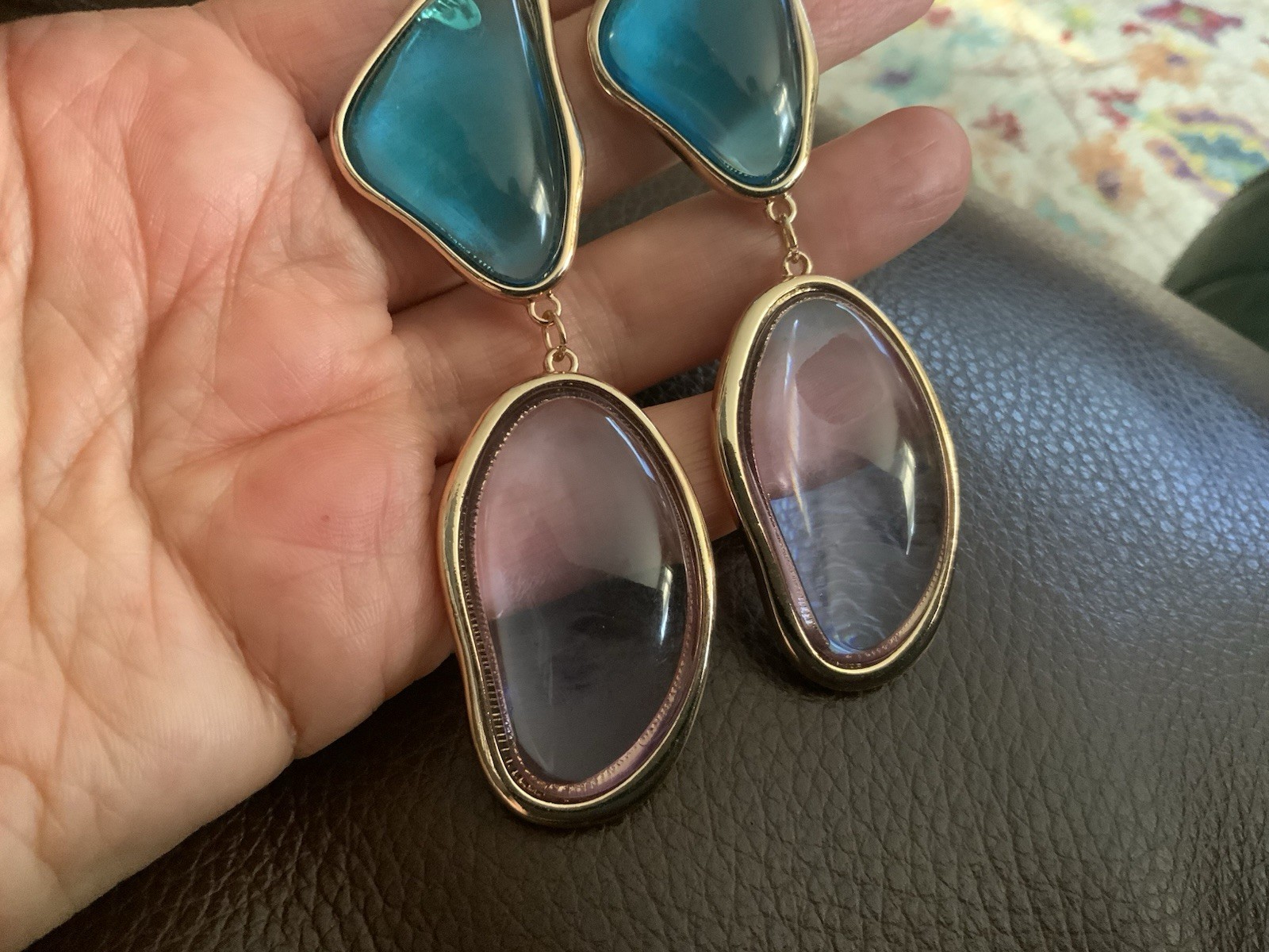 Natasha Clear Earrings Gripoix Lucite Gold Cabochon Boho Geometric Statement VTG