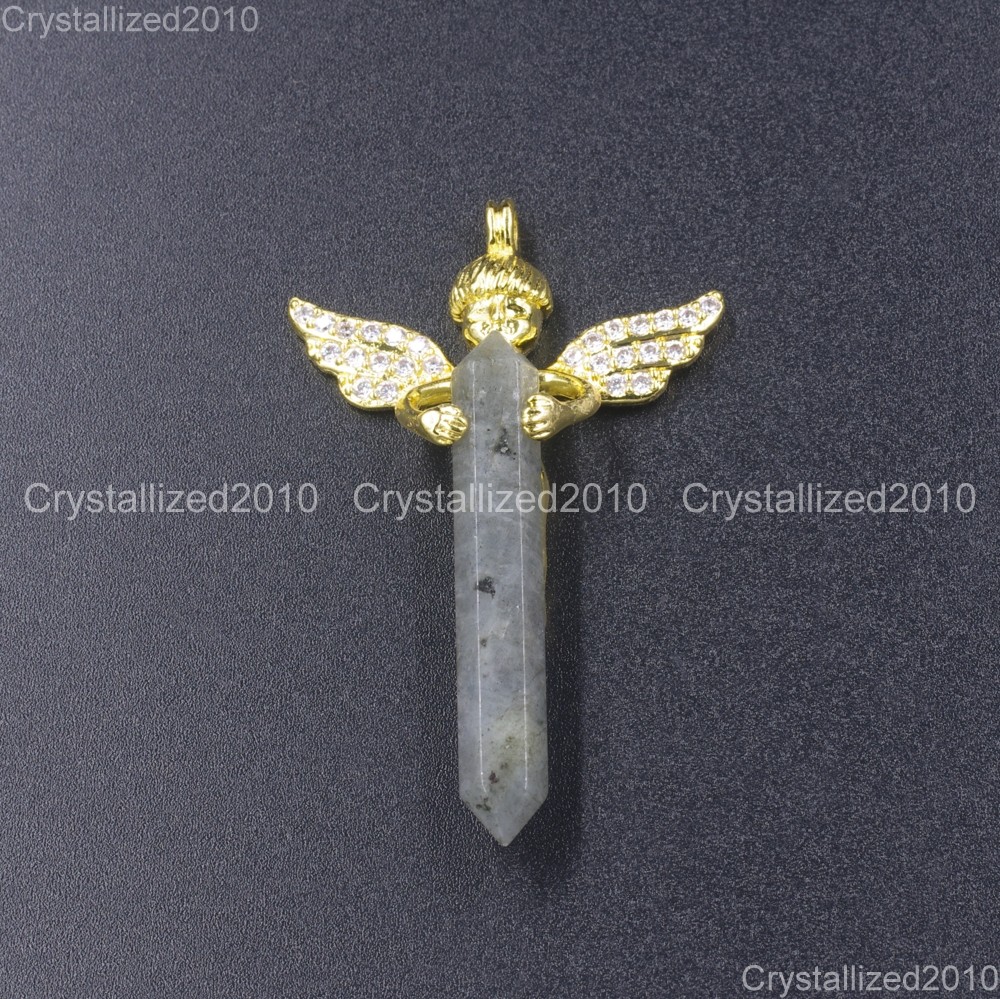 Natural Gemstone Zircon Pave Angel Hexagonal Pointed Reiki Healing Pendant Beads