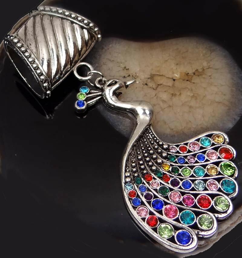 Scarf Pendant Antique Silver Pewter Peacock w/ Rhinestone Slide