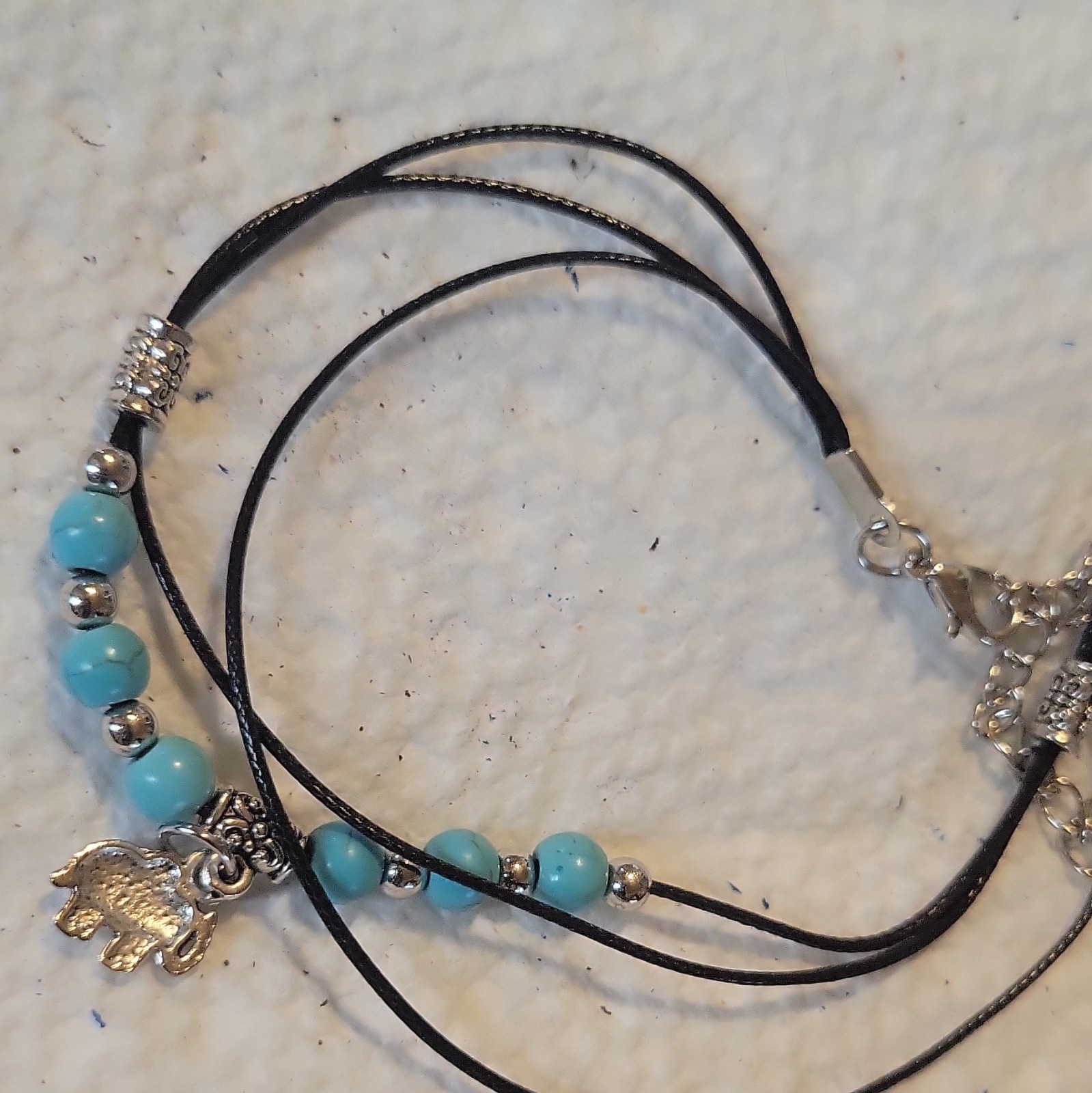 Black Cord turqBlue Beaded Bracelet Silver Tone Turtle Dangle Lobster Adjustable