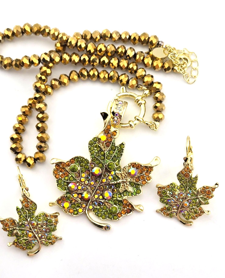 Kirks Folly Falling Leaves Fold Over Pendant Earrings Necklace SET GT #68