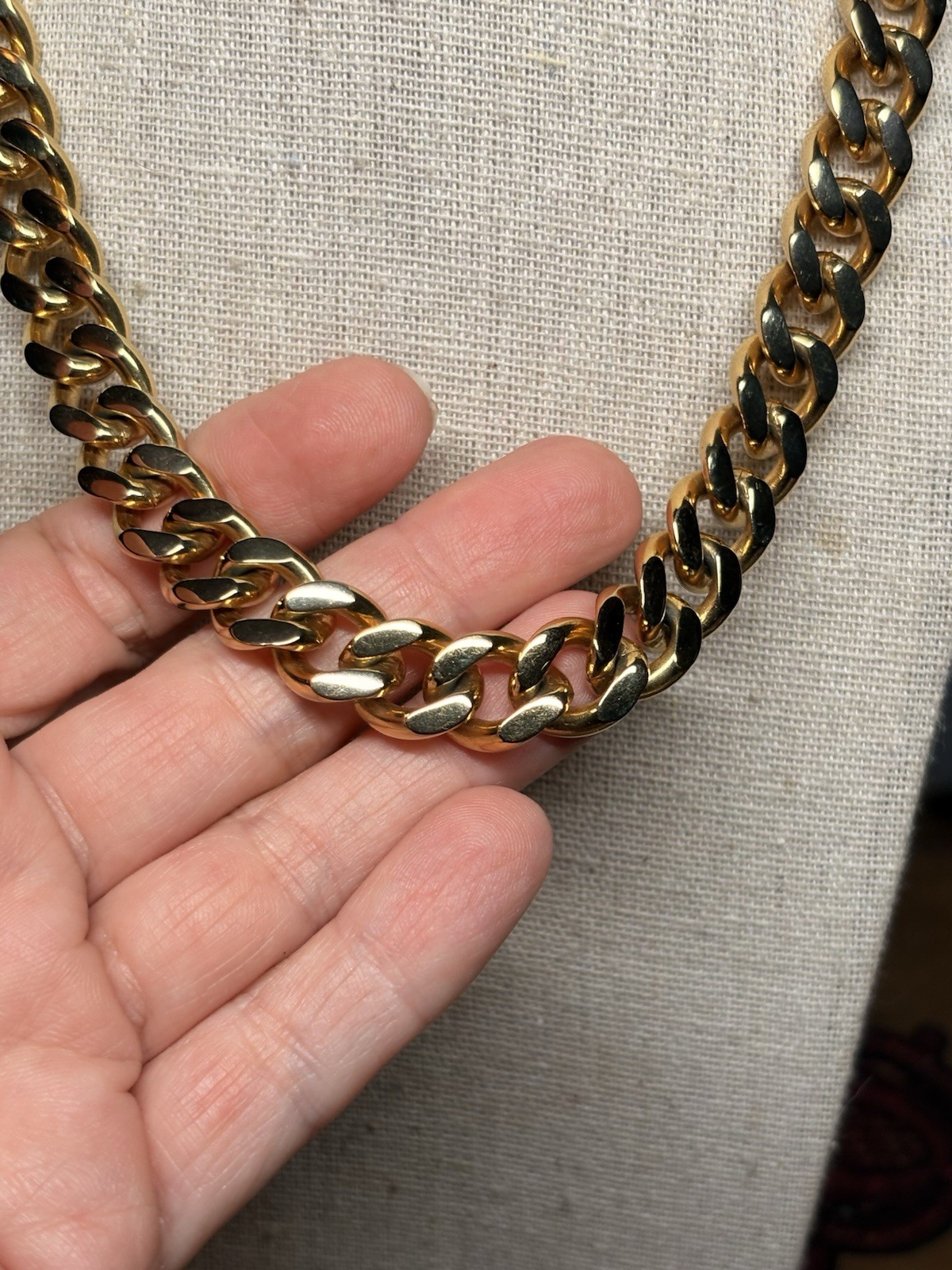 Gold Tone Cuban Link Chain Necklace Metal Box Clasp 16 in
