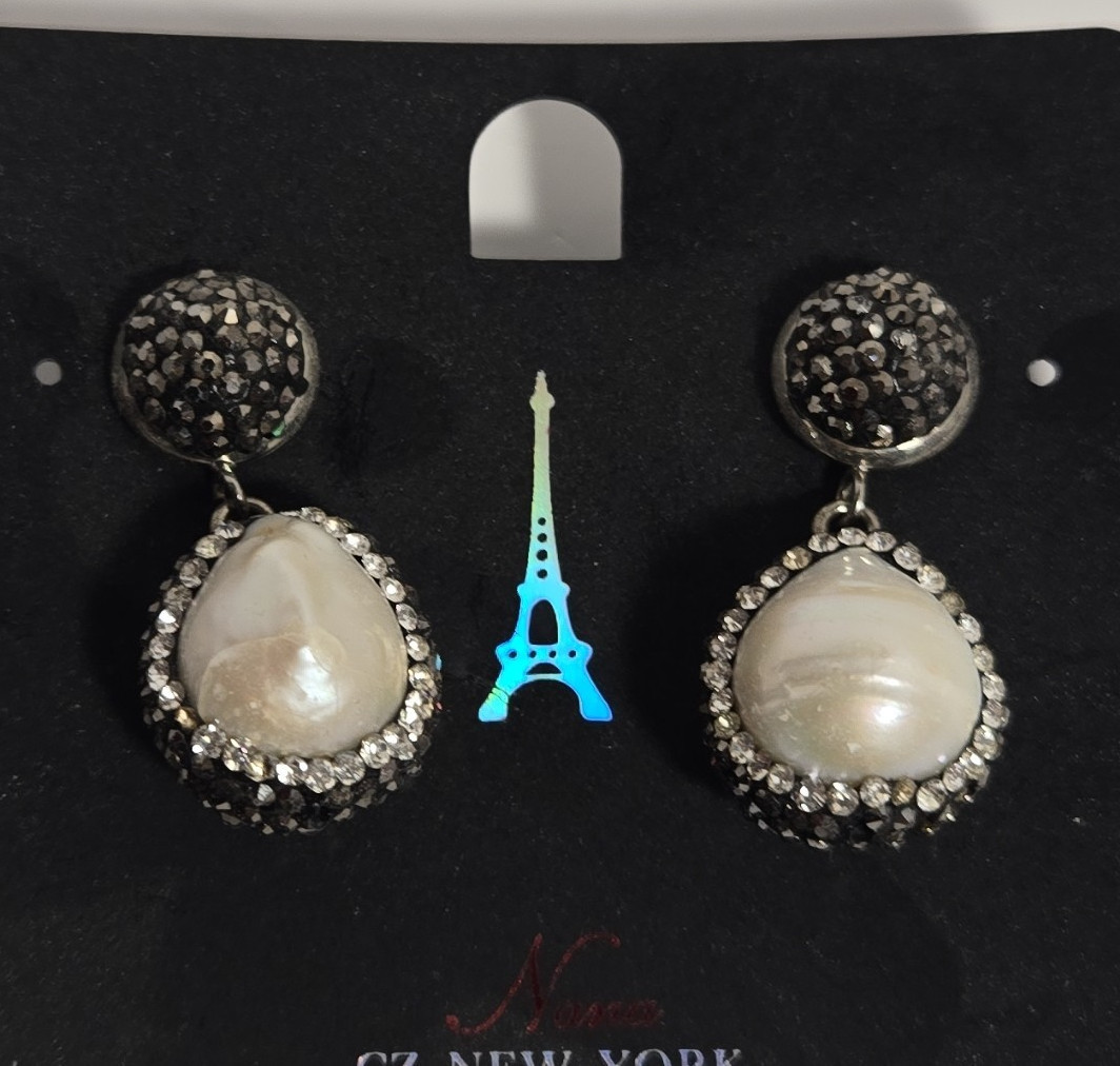 Silver Tone Pavé Rhinestone & Simulated White Teardrop Pearl Dangle Stud