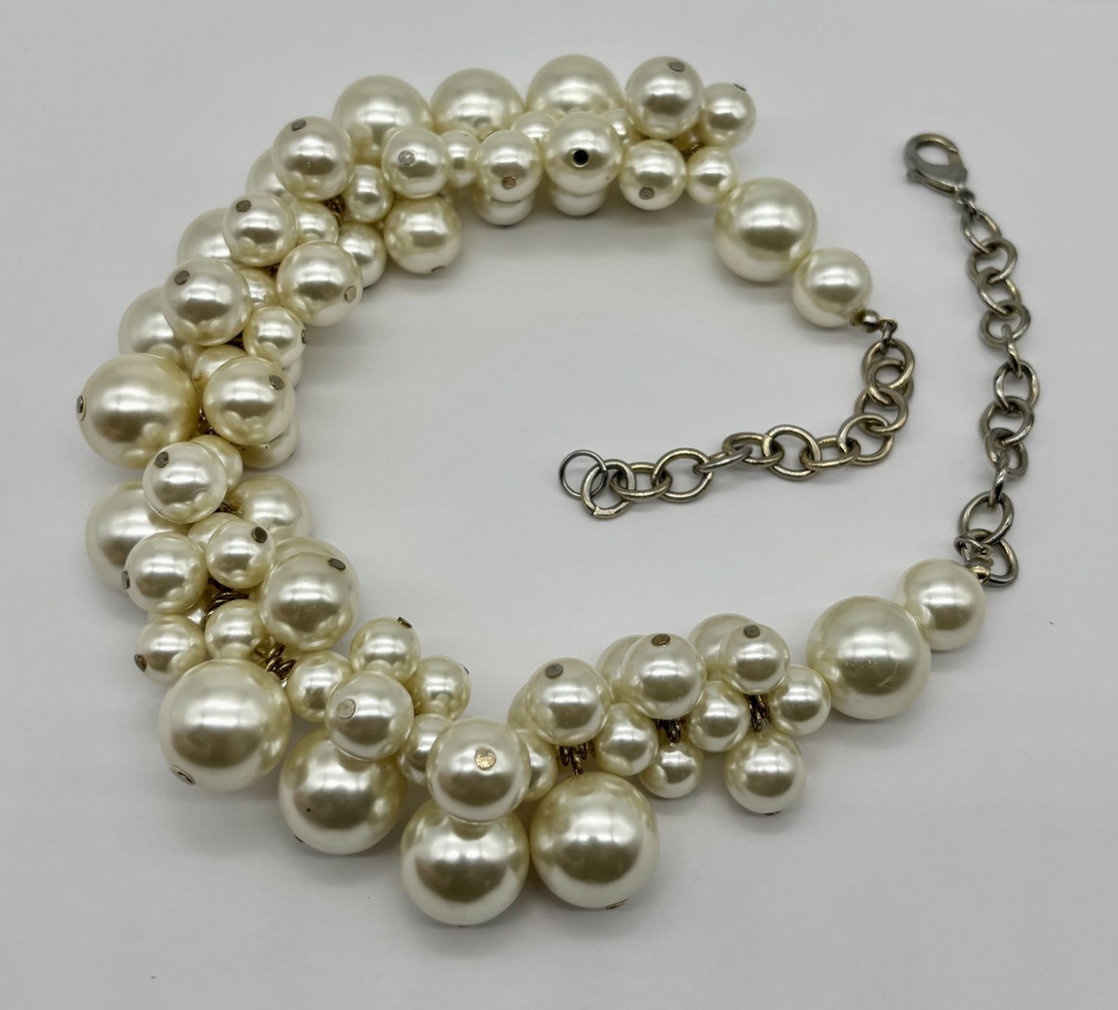 Faux Pearls Cluster Statement Collar Necklace Cream Silver-Tone Adjustable Clasp