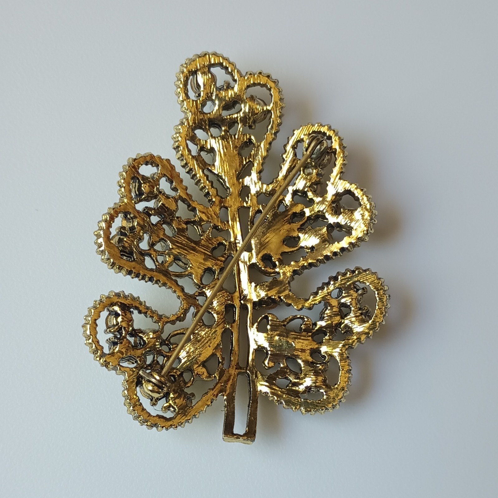 Vintage Gold Tone Leaf Brooch Green Marquise Rhinestone Cluster Set Nature Theme