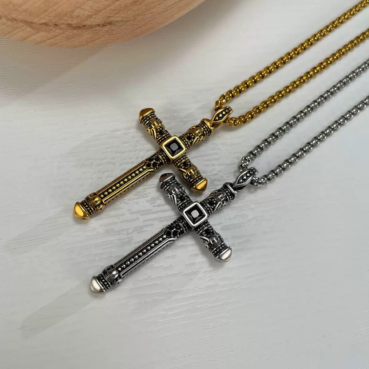 23″ Retro Vintage Cross Pendant Necklace Stainless Steel with Black Onyx Zircon