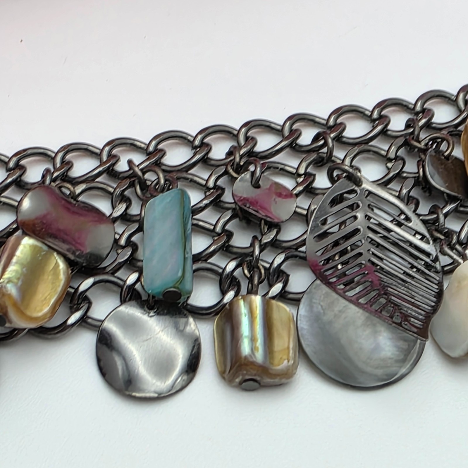 Gunmetal Multi Strand Charm Bracelet, Boho Shell Stone Dangle, Wide Statement 8″
