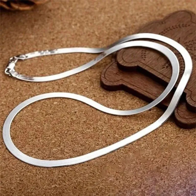 Silver color Gold Plated 4MM Flat chain Necklace for Women Luxury Fine
