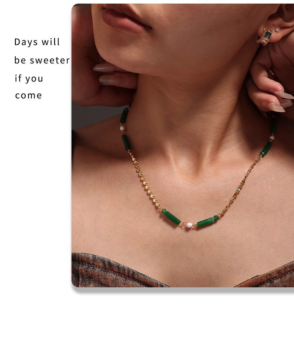 Stainless Steel Green Natural Stone Bamboo Bead Faux Pearl Necklace