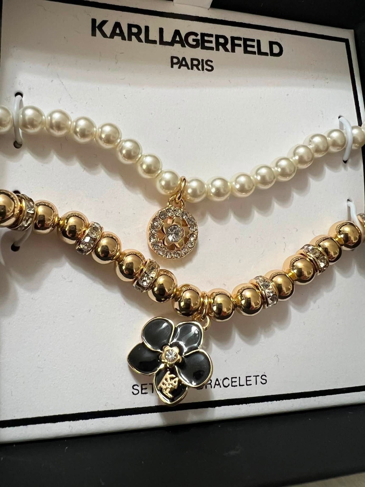 KARL LAGERFELD PARIS 2-Pc. Set Orchid Charm Beaded Stretch Bracelets – NIB