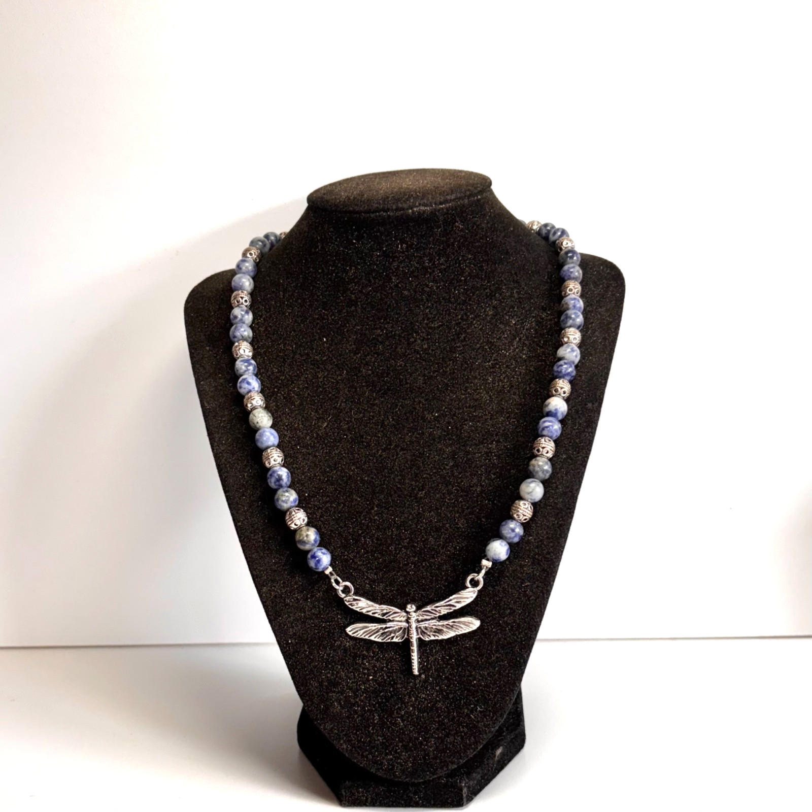 NECKLACE dragonfly silvertone metal charm blue white gray stone bead lobster clp