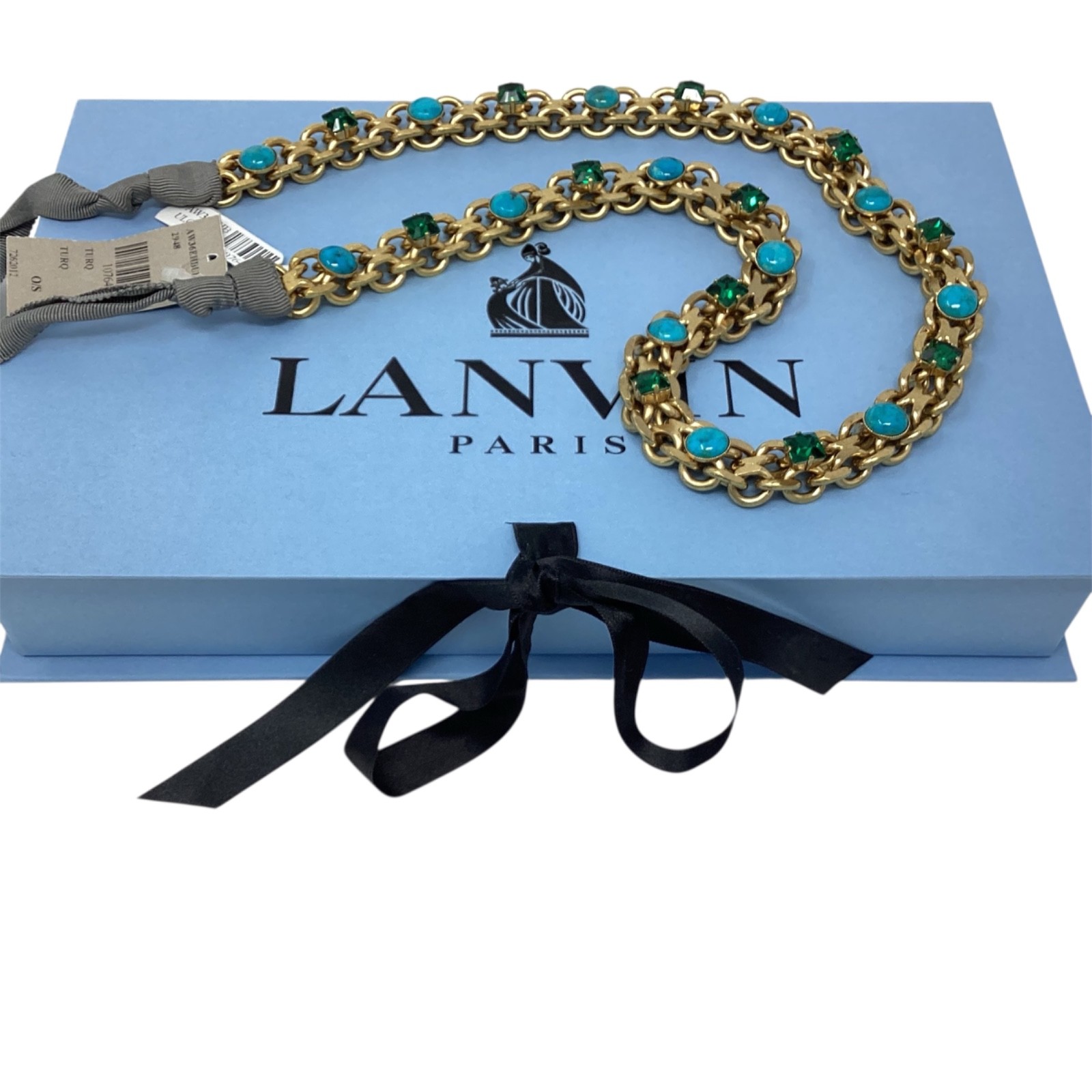 Lanvin Paris Long Necklace / Belt Gold-Tone Turquoise & Green Crystal New + Box