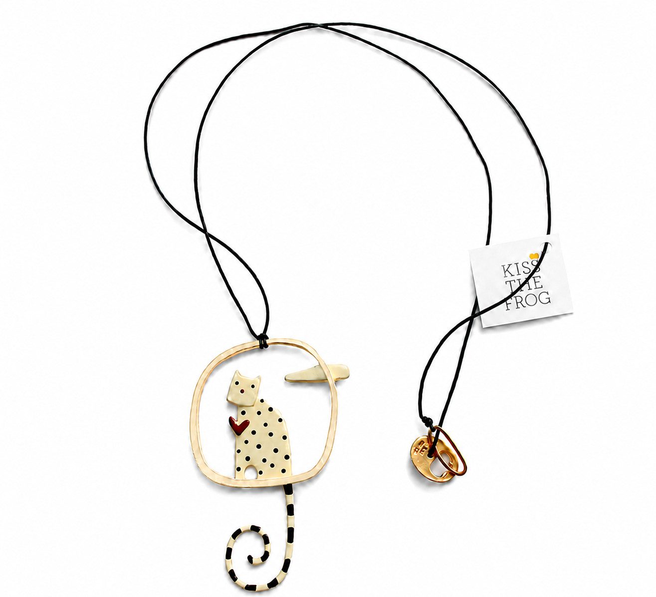 Kiss The Frog Cat Spiral Pendant Necklace Gold Black Cord Greek Artisan