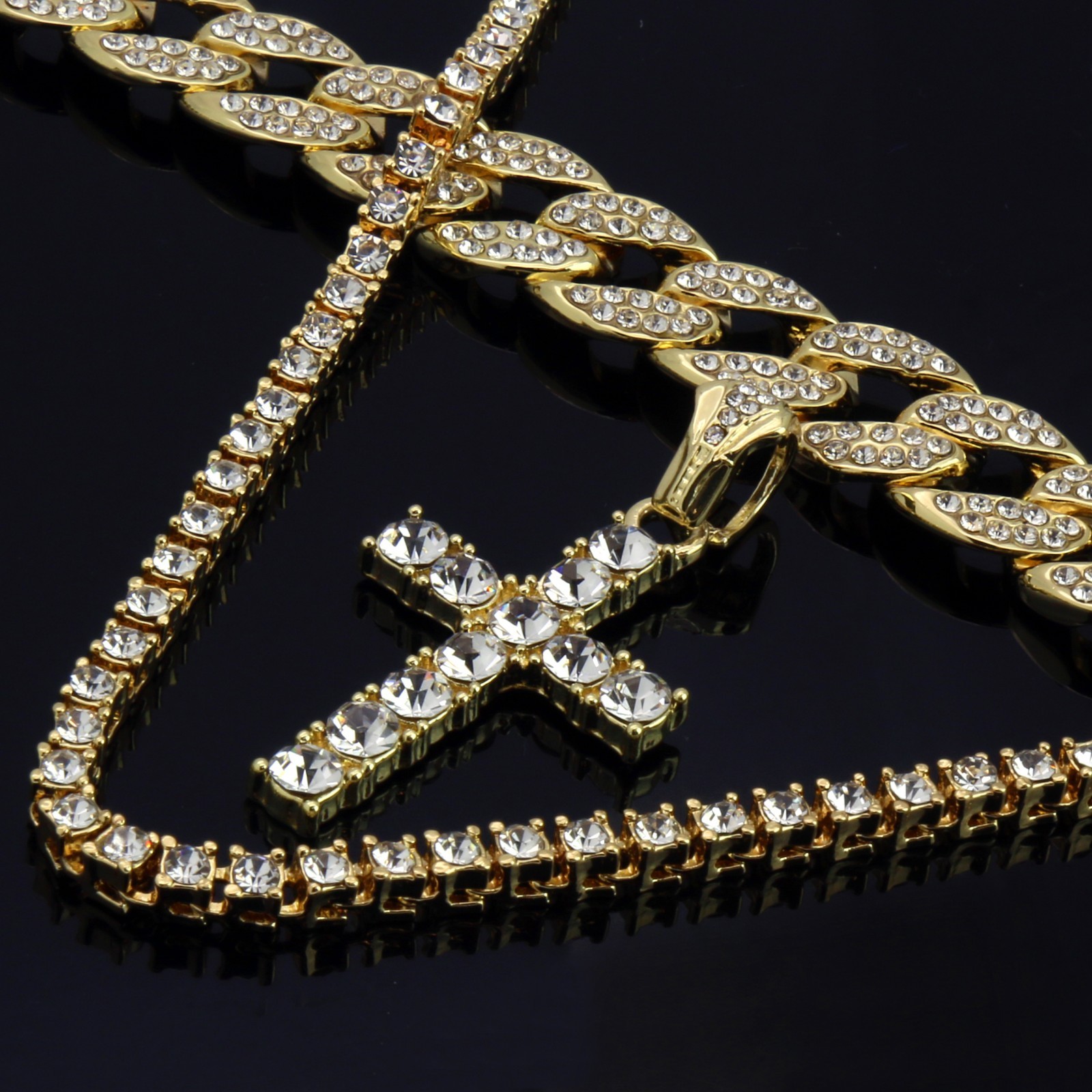 Mens 14k Gold Plated Cross 18″ Cubic-Zirconia Cuban & 24″ Tennis Chain Bad Bunny