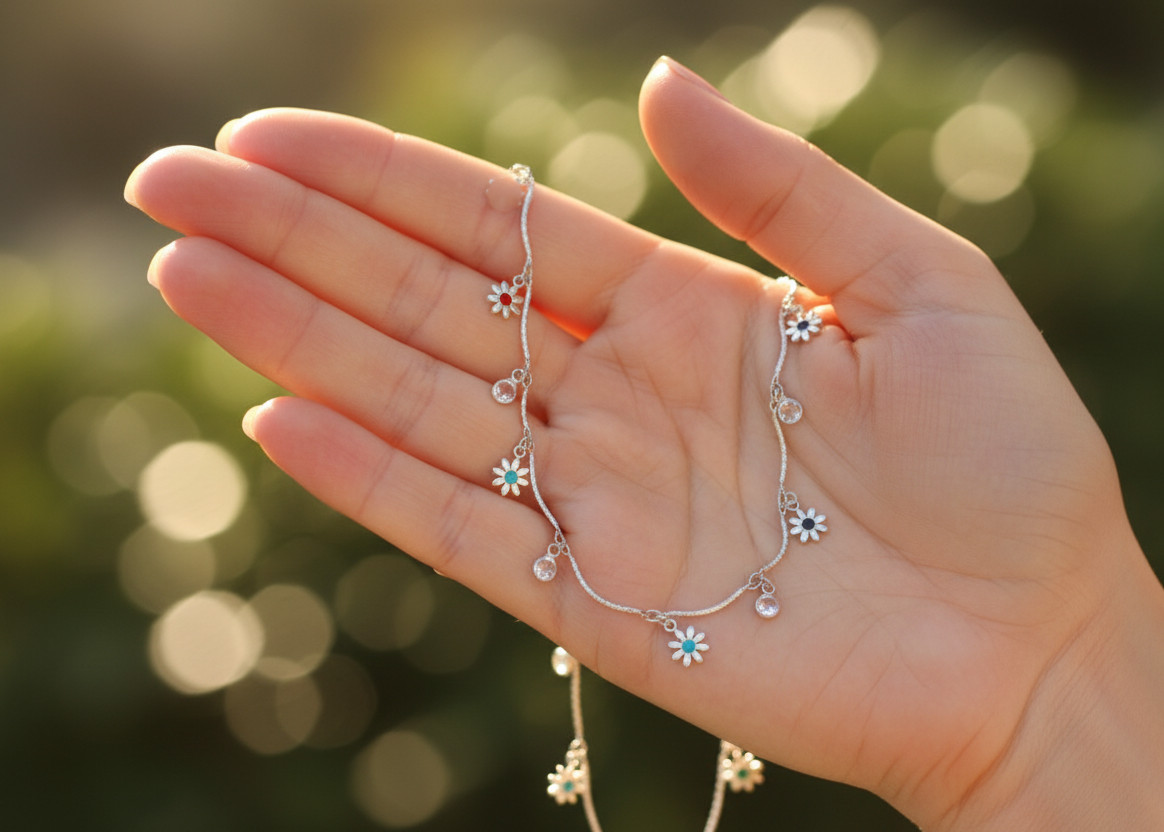 Elegant Silver Plated Floral Charm Anklet | Delicate Brass Chain Designer Anklet