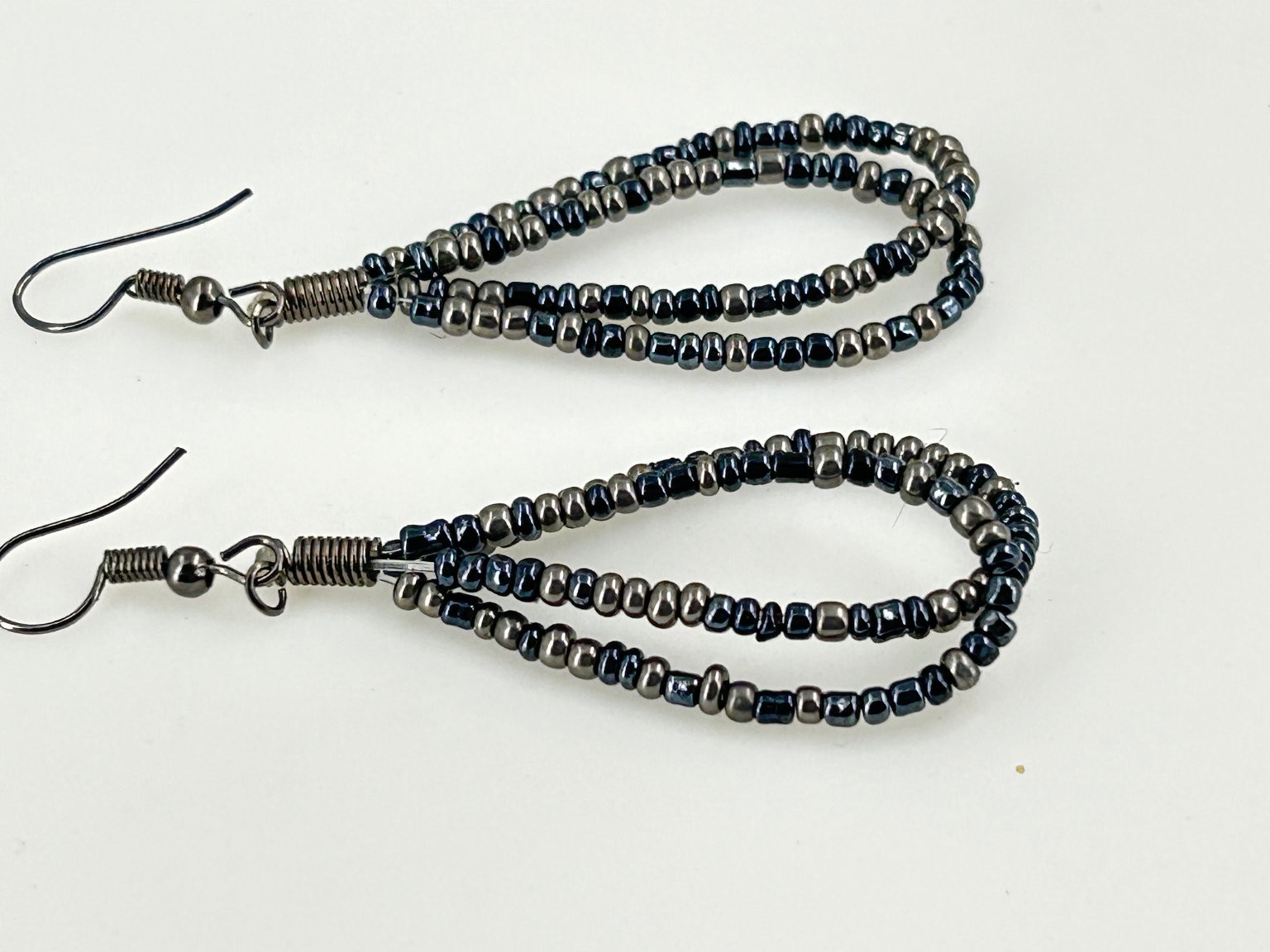 Handmade Beaded Teardrop Earrings 2.2 Inch Gunmetal Black Silver