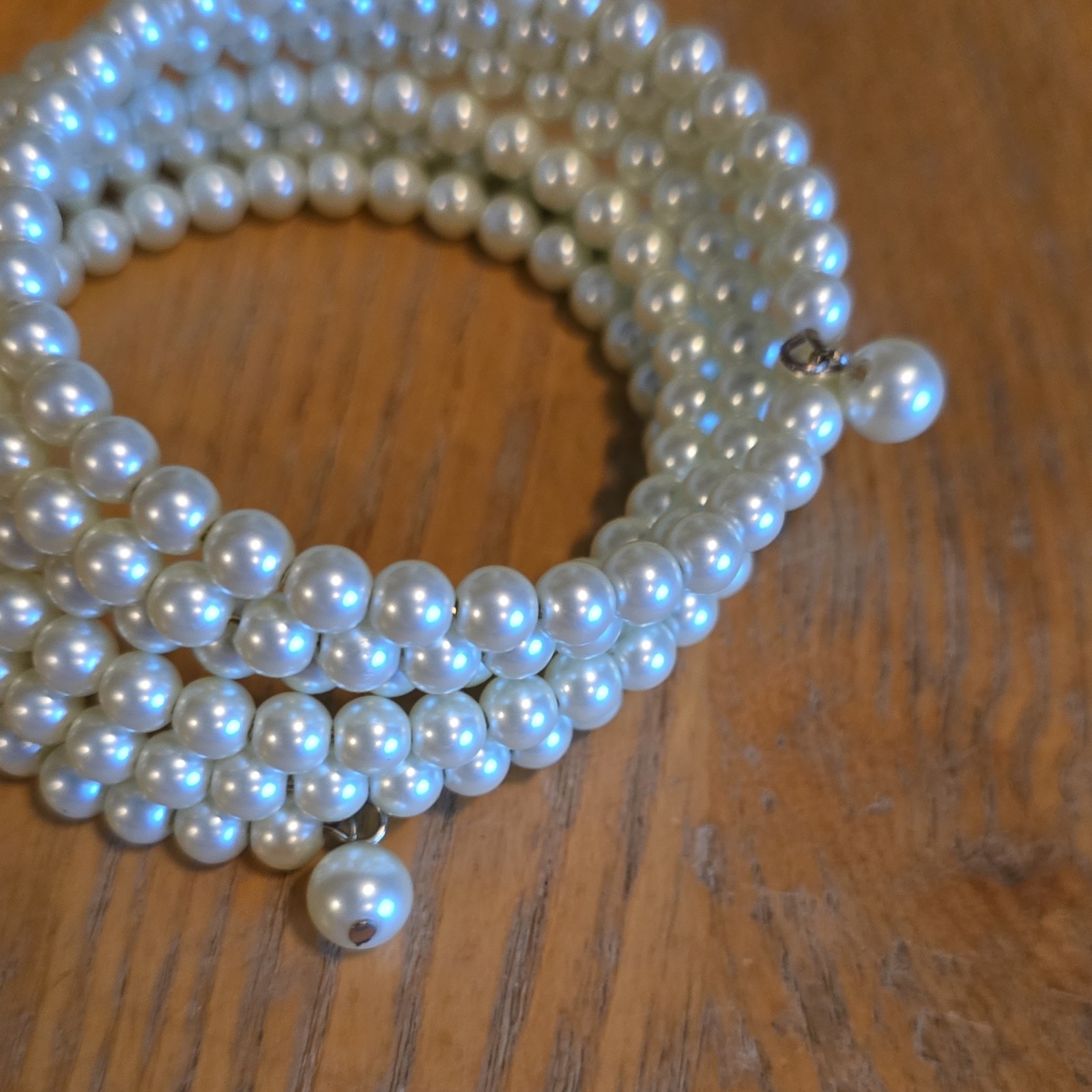 White Faux Pearl Multi-Strand Beaded Wrap Bracelet Hook Clasp Stackable