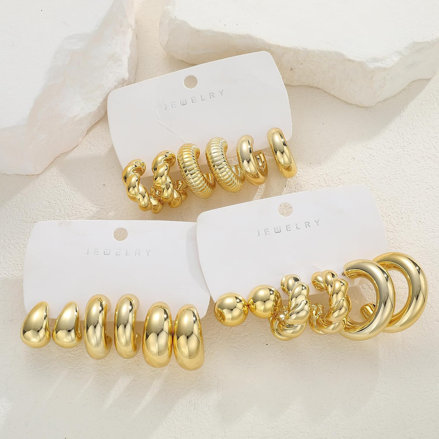 12 Pairs Chunky Gold Hoop Earrings for Women Trendy, Gold Plated Lightweight Hyp