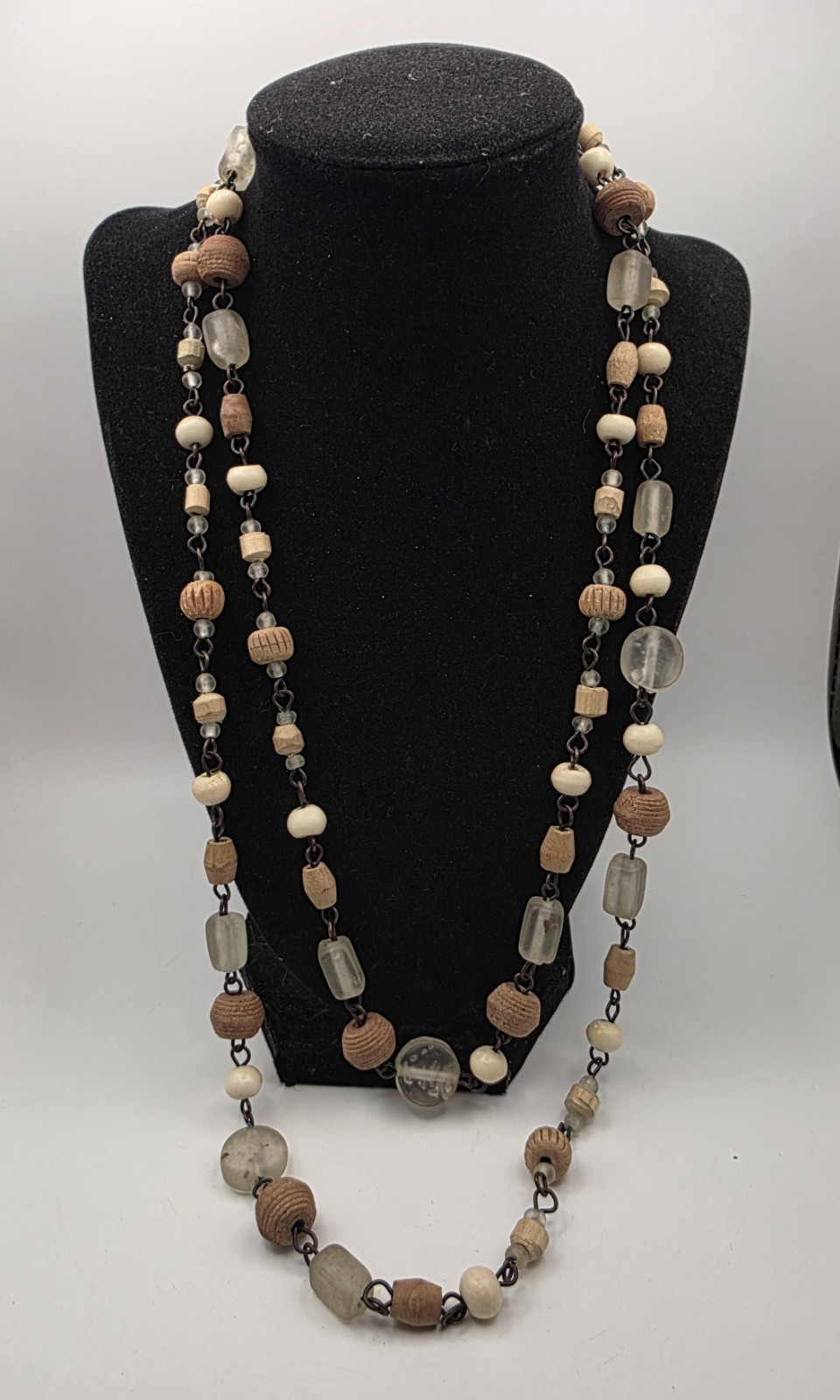 Wood & Glass Bead & Wire Necklace No Clasp 52.5 Inches Pre-owned