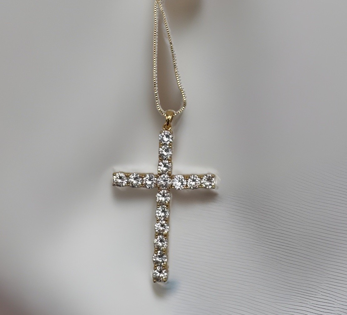 Gold Toned, 26 Inch Large Cubic Zirconium Cross Necklace, Unisex, Iced Out