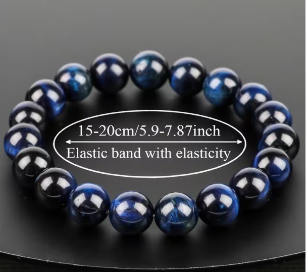 Blue Tiger Eye beaded bracelet — adjustable elastic fit; wear for courage wisdom