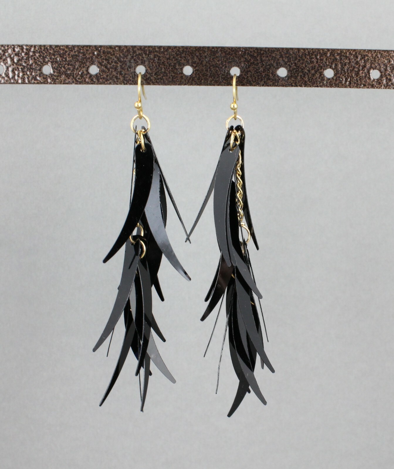 Black feathered earrings dangle 3.5″ long lightweight tassel fringe