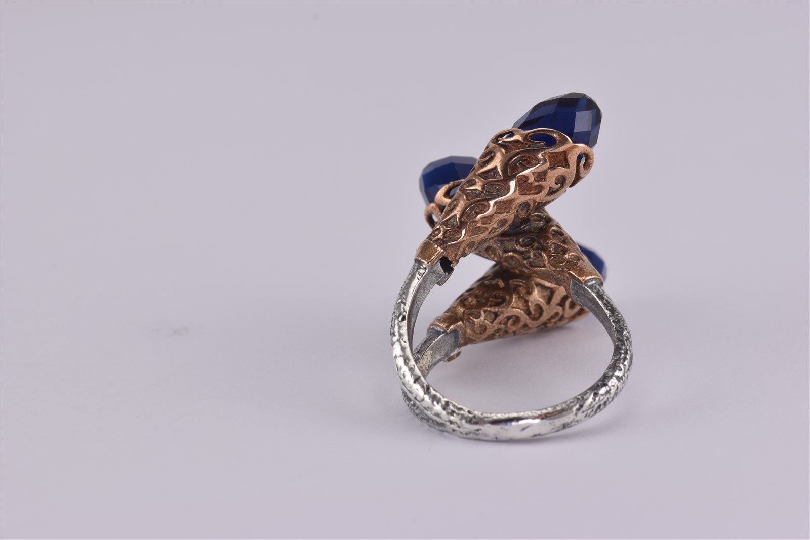 Sterling Silver & Copper Triple Blue Faceted Oxidized Band Ring 925 Adj. Sz: 7