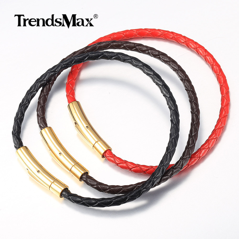 4/6mm Red/Brown/Black Braided Leather Rope Bracelet Stainless Steel Gold Clasp
