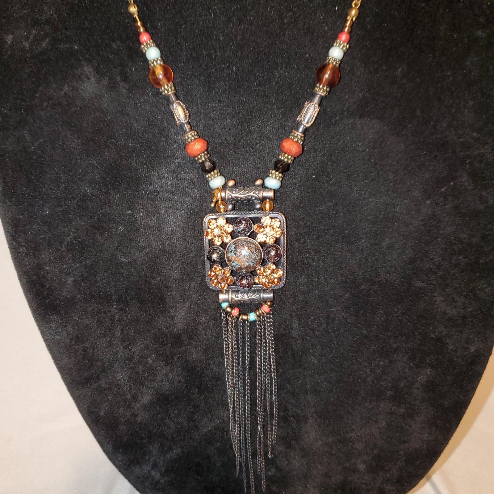 You and I, Rhinestone Chunky Necklace Square Pendant Bronze Toned 20″