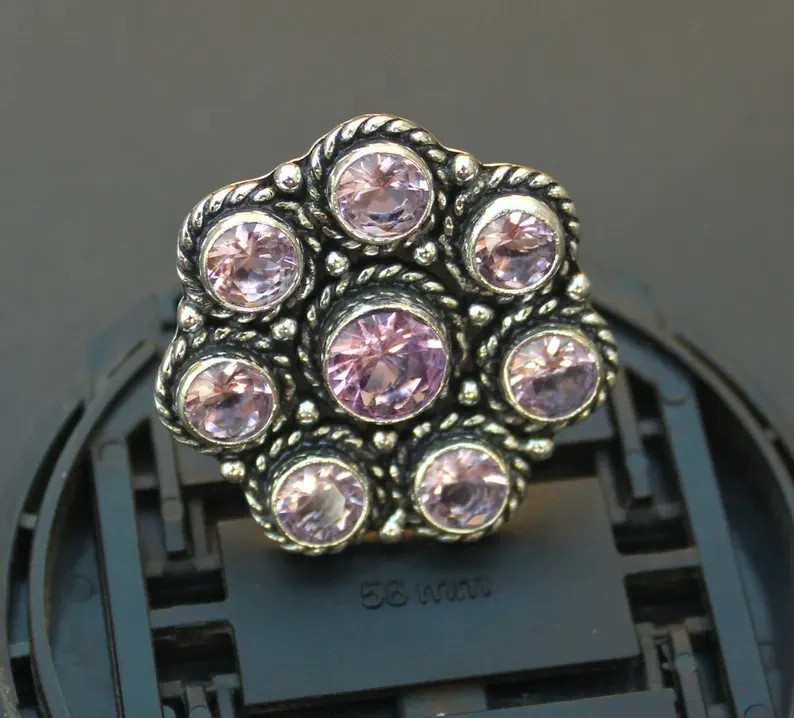 Pink Kunzite Floral Cluster Silver Ring | Vintage Statement Ring | Round Cut