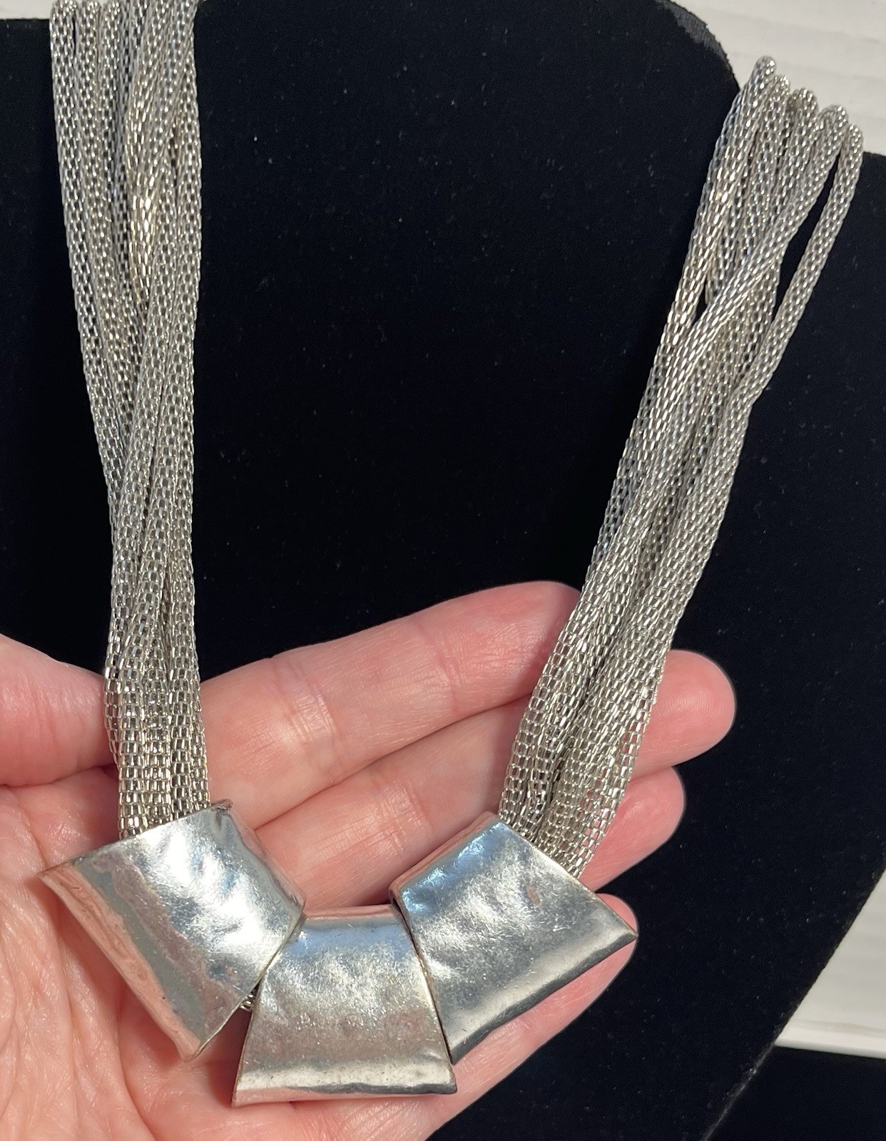 Silver-Toned Statement Necklace Multi-Strand Mesh Chains Trapezoid Pendants