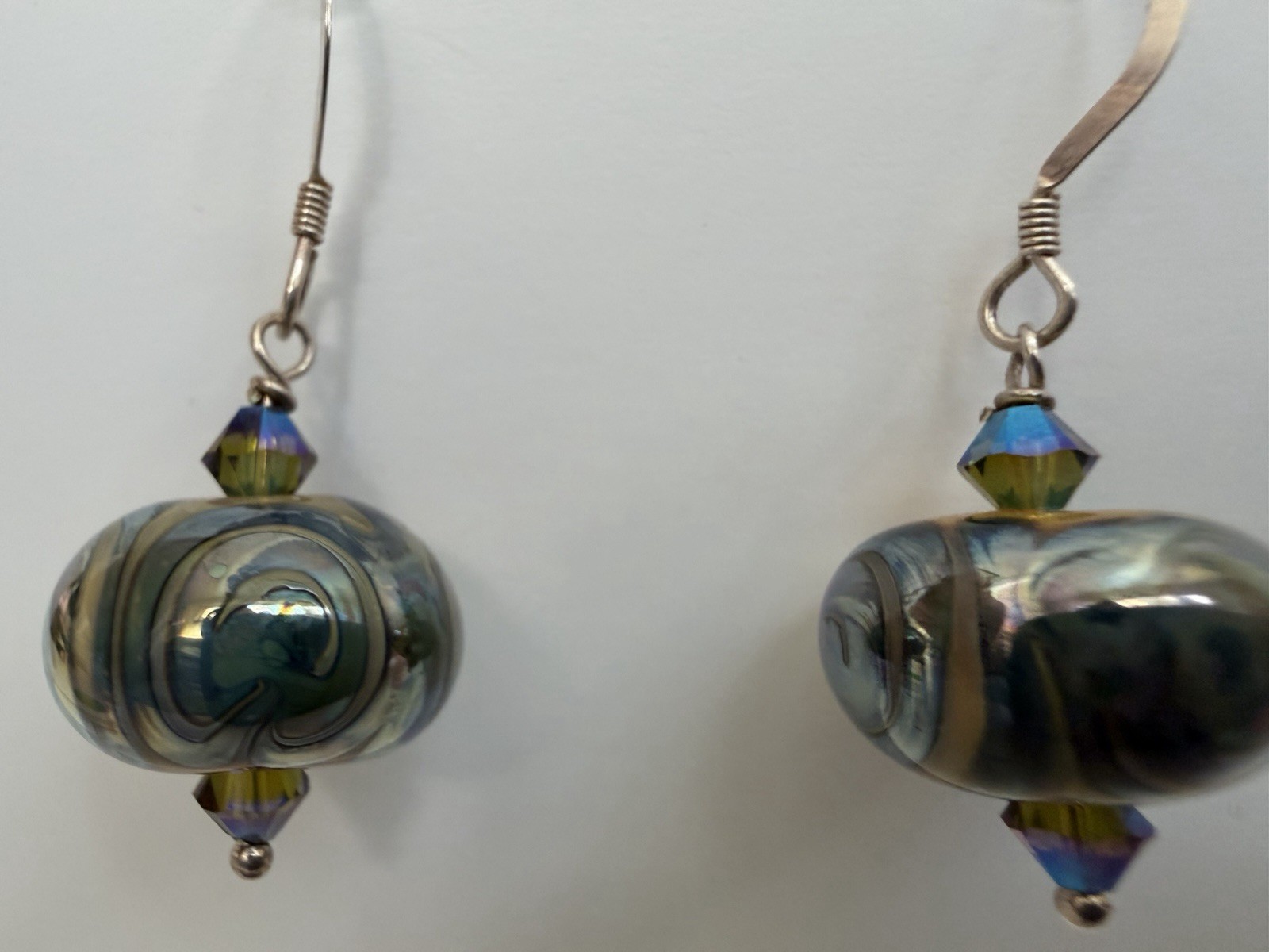 Artisan Sterling Silver Iridescent Lampwork Art Glass Crystal Earrings