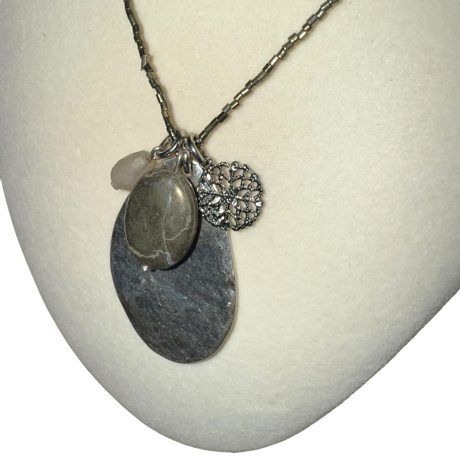 J Jill Necklace Silver Tone Charm Pendant Beaded Chain 16″ Boho Artisan Coastal
