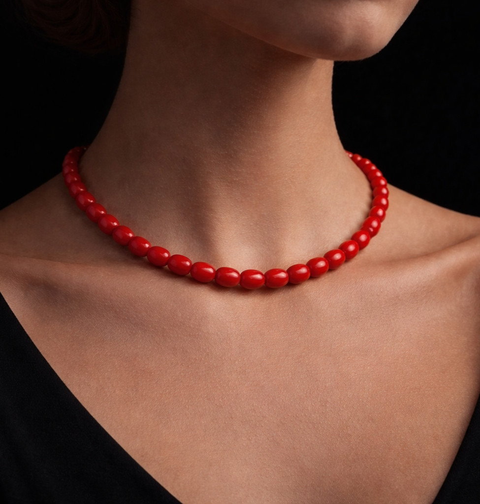 Natural Red Coral Necklace 6x8mm Barrel Shape Single Strand Smooth Coral Beads