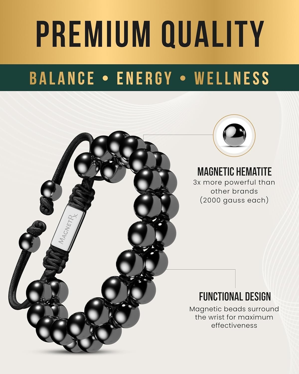 MagnetRX® Magnetic Hematite Bracelet MAX Strength Magnetic Stones Beaded Magnet