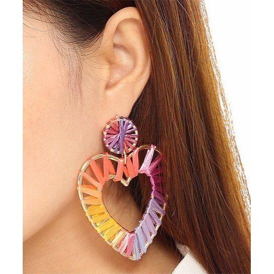NEW AMRITA SINGH Heart Drop BOHO Raffia Earring Rainbow Color Romantic One Size