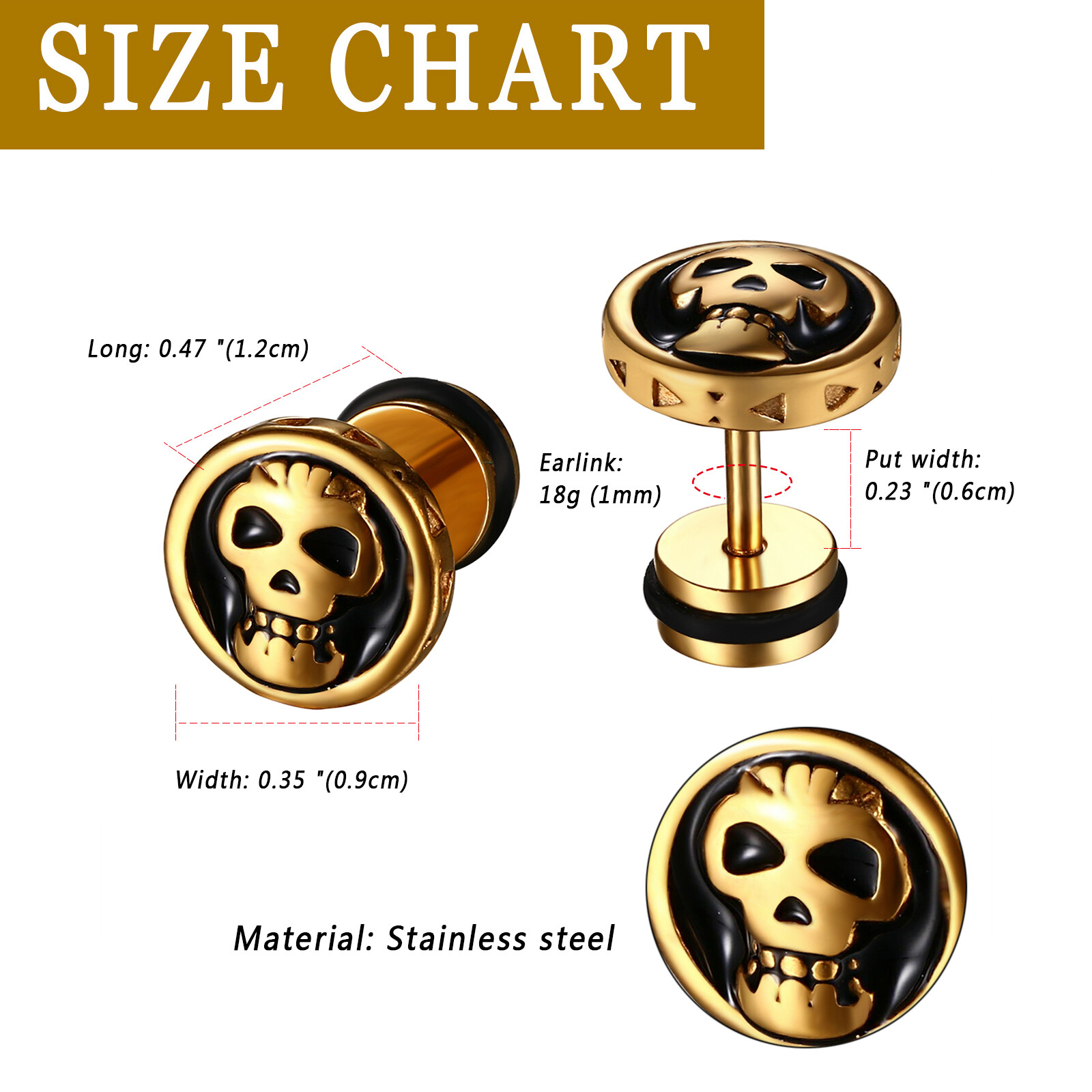 Gothic Punk Skull Stud Earrings For Men Women Stainless Steel Screw Back