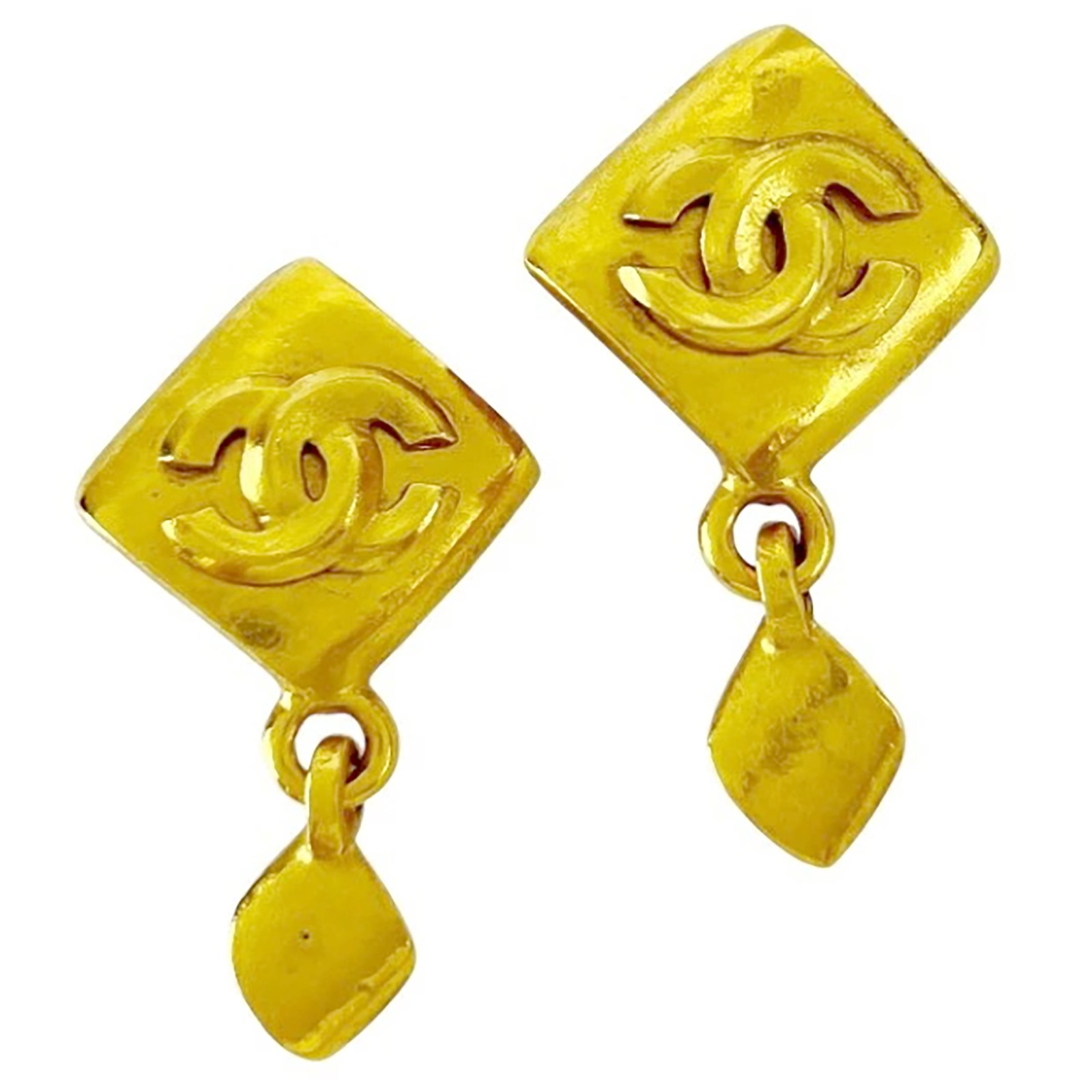 CHANEL CC Logos Rhombus Dangle Clip-On Earrings Gold Tone 96P Auth #1348