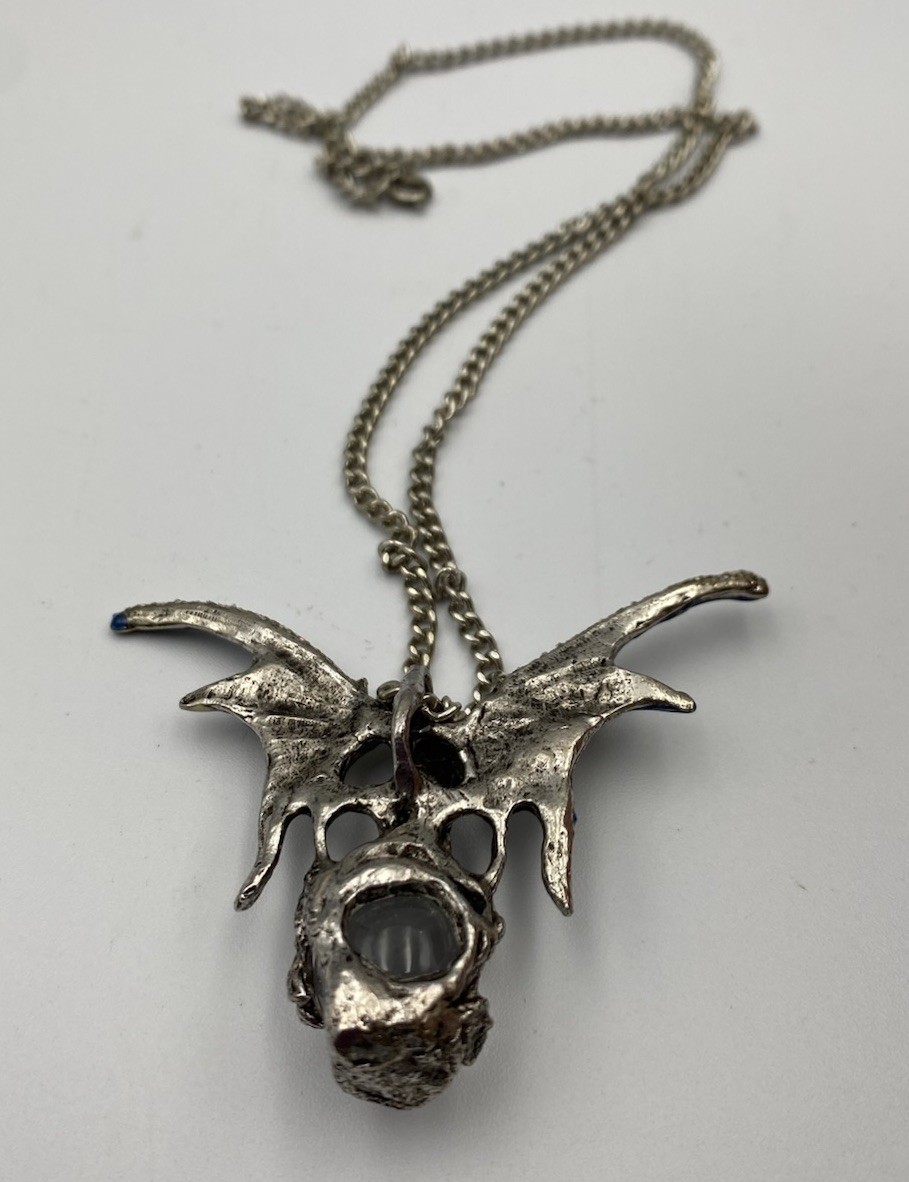 Dragon Pewter Pendant Necklace With Crystal Ball Blue/Cream Fantasy Gothic