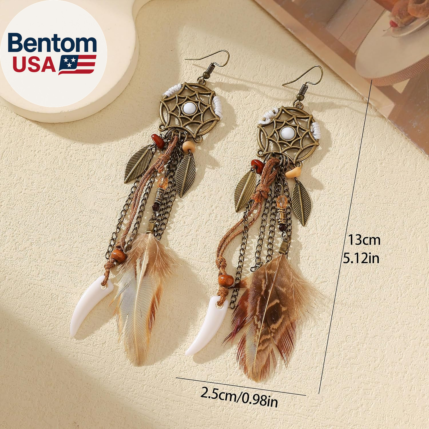 Brown Dream Catcher Feather Earrings Vintage Bohemian Ethnic Dangle Earrings for
