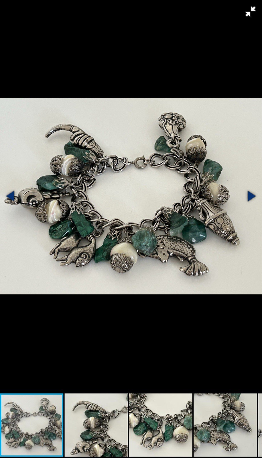 Silver Tone Cable Chain Charm Bracelet Lobster Clasp Green Stone Animal