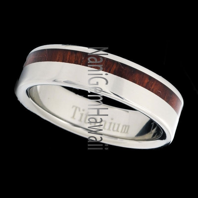 Titanium Dark Koa Wood 2 Tones Double Row 6mm Band Ring Flat Edge